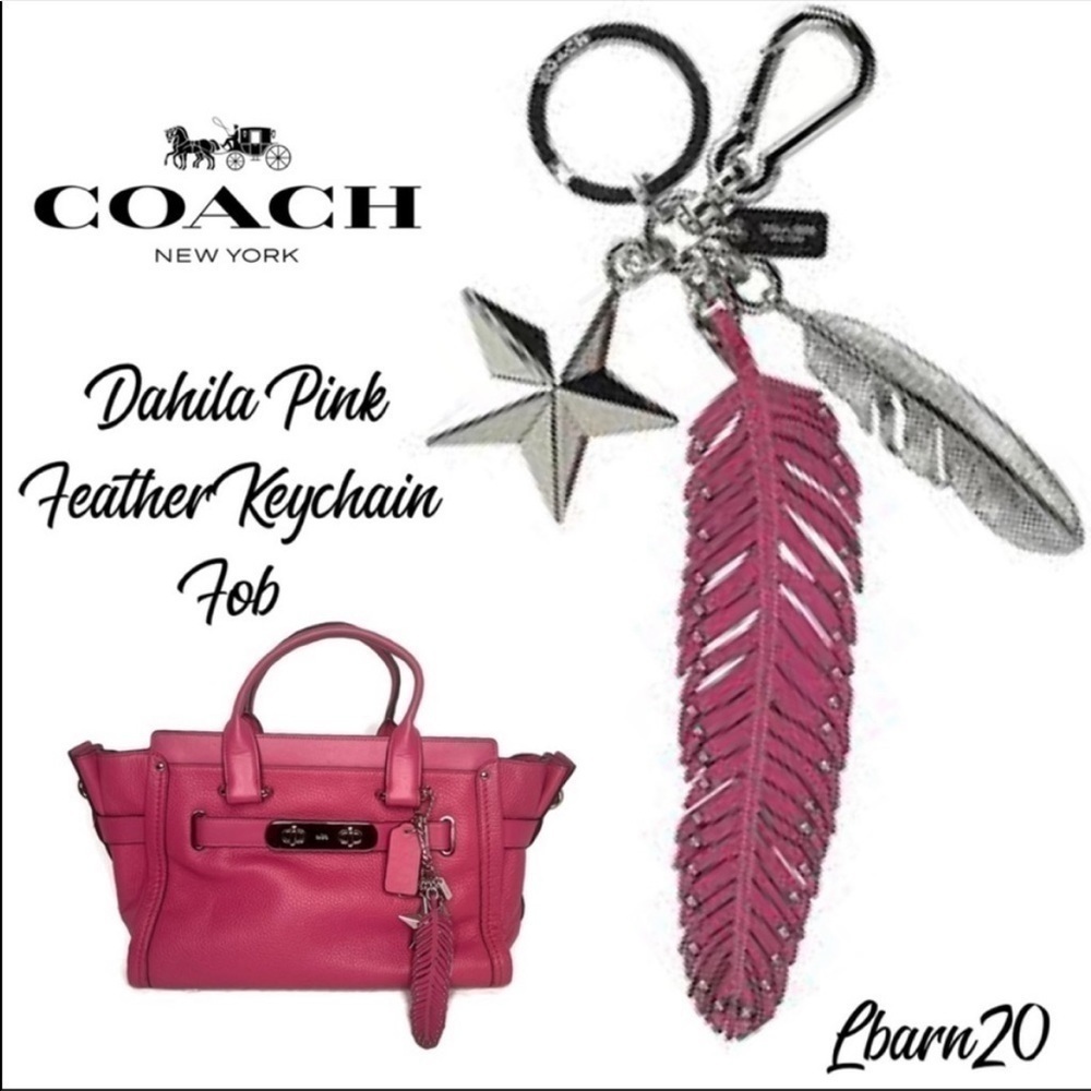 Coach Dahila Pink Feather Keychain Fob Silver Stars 63893